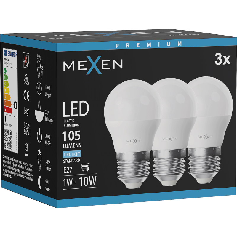 Mexen Nova 3x LED lemputė E27, G45, 1W, Šalta - 6500K, 105 lm - L101-E27-0165-01x03