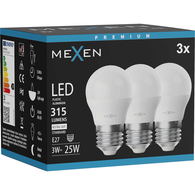 Mexen Nova 3x LED lemputė E27, G45, 3W, Neutrali - 4000K, 315 lm - L101-E27-0340-01x03
