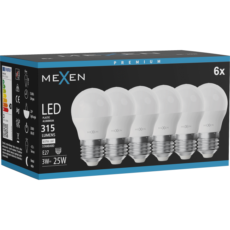 Mexen Nova 6x LED lemputė E27, G45, 3W, neutralios spalvos - 4000K, 315 lm - L101-E27-0340-01x06