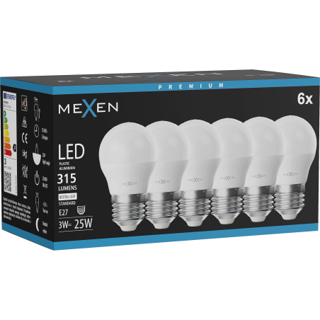 Mexen Nova 6x LED lemputė E27, G45, 3W, neutralios spalvos - 4000K, 315 lm - L101-E27-0340-01x06