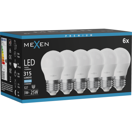 Mexen Nova 6x LED lemputė E27, G45, 3W, Šaltai - 6500K, 315 lm - L101-E27-0365-01x06