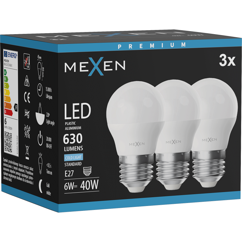 Mexen Nova 3x LED lemputė E27, G45, 6W, Šalta - 6500K, 630 lm - L101-E27-0665-01x03