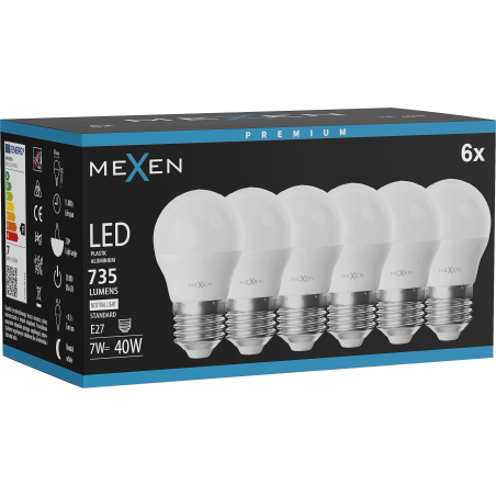 Mexen Nova 6x LED lemputė E27, G45, 7W, Neutrali - 4000K, 735 lm - L101-E27-0740-01x06