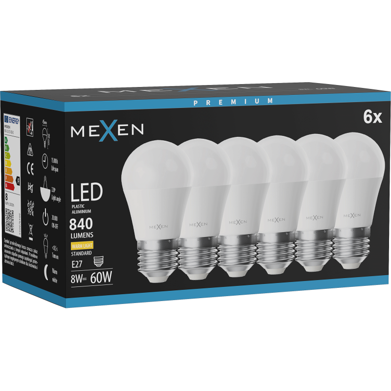 Mexen Nova 6x LED lemputė E27, G45, 8W, Šilta - 3000K, 840 lm - L101-E27-0830-01x06