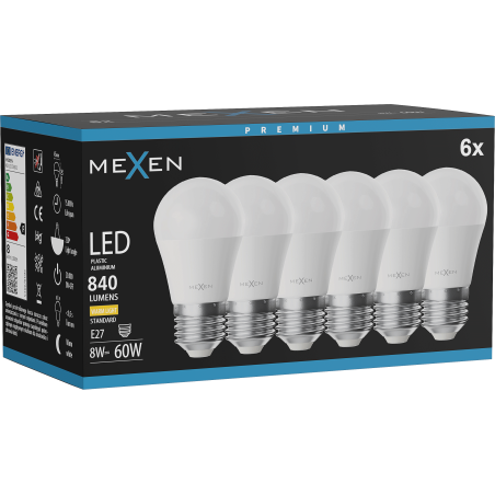 Mexen Nova 6x LED lemputė E27, G45, 8W, Šilta - 3000K, 840 lm - L101-E27-0830-01x06