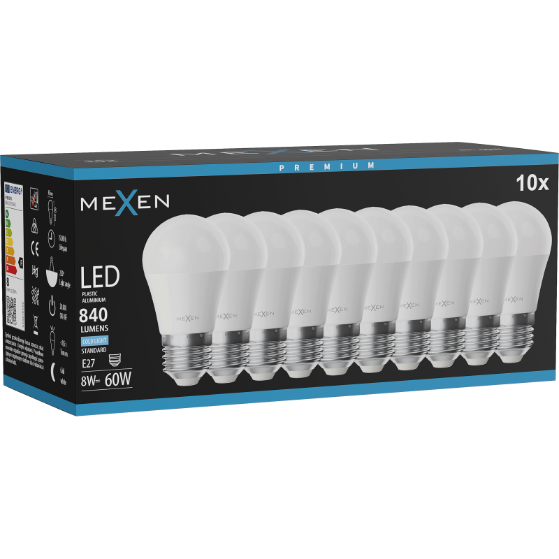 Mexen Nova 10x LED lemputė E27, G45, 8W, Šalta - 6500K, 840 lm - L101-E27-0865-01x10