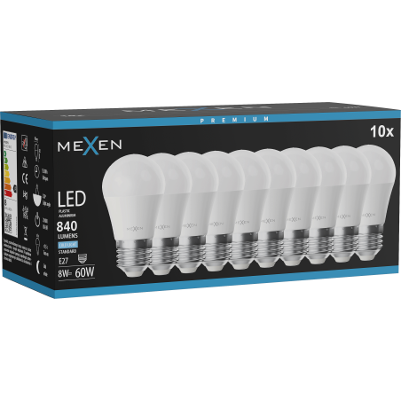 Mexen Nova 10x LED lemputė E27, G45, 8W, Šalta - 6500K, 840 lm - L101-E27-0865-01x10