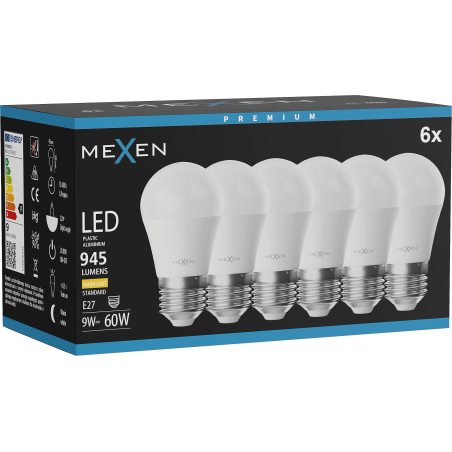 Mexen Nova 6x LED lemputė E27, G45, 9W, Šilta - 3000K, 945 lm - L101-E27-0930-01x06