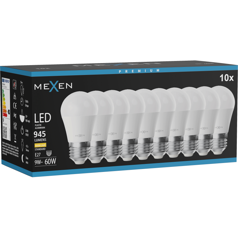 Mexen Nova 10x LED lemputė E27, G45, 9W, Šilta - 3000K, 945 lm - L101-E27-0930-01x10