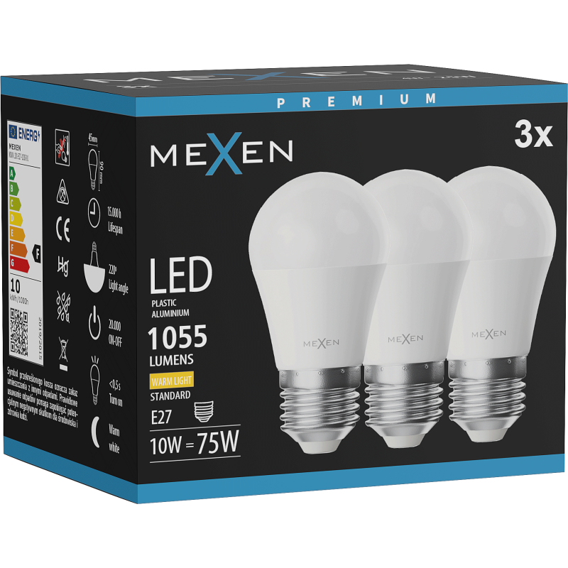 Mexen Nova 3x LED lemputė E27, G45, 10W, Šilta - 3000K, 1055 lm - L101-E27-1030-01x03