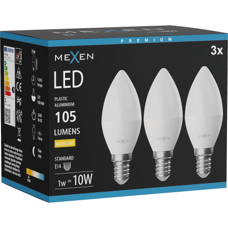Mexen Nova 3x LED lemputė E14, C37, 1W, Neutrali - 4000K, 105 lm - L102-E14-0140-01x03