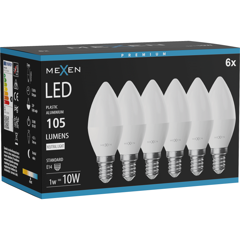 Mexen Nova 6x LED lemputė E14, C37, 1W, Neutralus - 4000K, 105 lm - L102-E14-0140-01x06