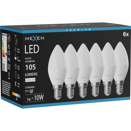 Mexen Nova 6x LED lemputė E14, C37, 1W, Neutralus - 4000K, 105 lm - L102-E14-0140-01x06
