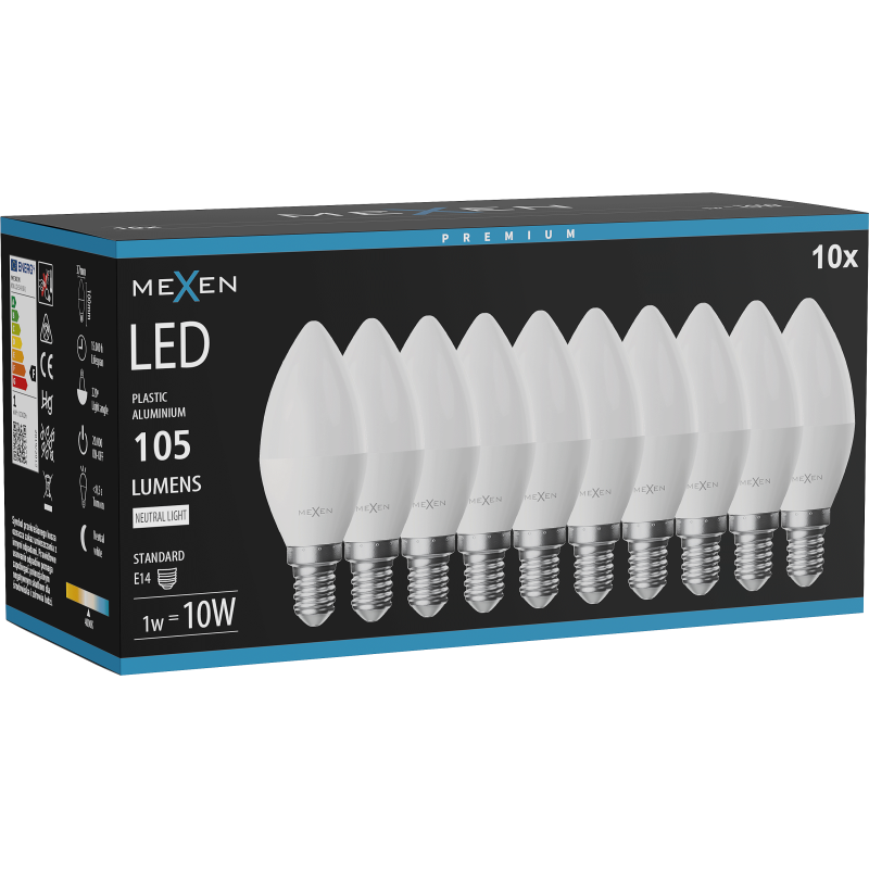 Mexen Nova 10x LED lemputė E14, C37, 1W, Neutralus - 4000K, 105 lm - L102-E14-0140-01x10
