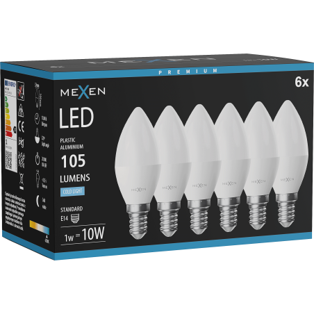 Mexen Nova 6x LED Lemputė E14, C37, 1W, Šalta - 6500K, 105 lm - L102-E14-0165-01x06
