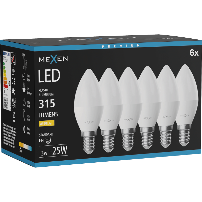 Mexen Nova 6x LED lemputė E14, C37, 3W, Šilta - 3000K, 315 lm - L102-E14-0330-01x06