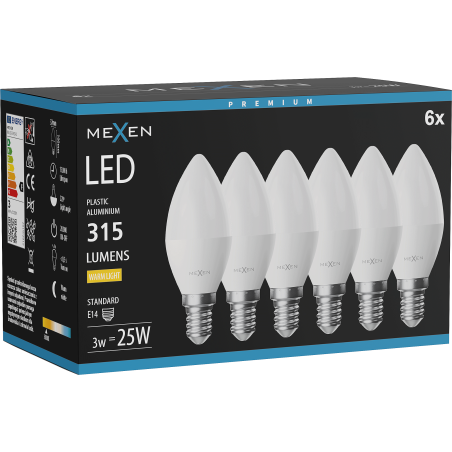 Mexen Nova 6x LED lemputė E14, C37, 3W, Šilta - 3000K, 315 lm - L102-E14-0330-01x06