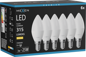 Mexen Nova 6x LED lemputė E14, C37, 3W, Šilta - 3000K, 315 lm - L102-E14-0330-01x06