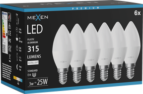 Mexen Nova 6x LED lemputė E14, C37, 3W, Neutrali - 4000K, 315 lm - L102-E14-0340-01x06