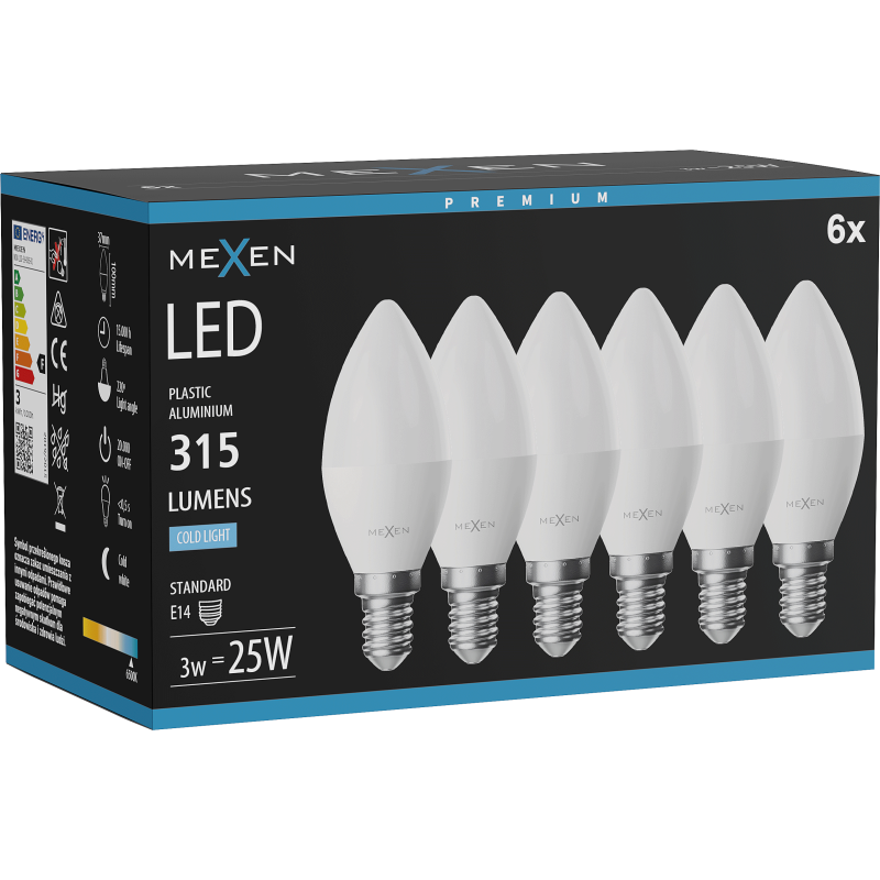 Mexen Nova 6x LED lemputė E14, C37, 3W, Šaltai balta - 6500K, 315 lm - L102-E14-0365-01x06
