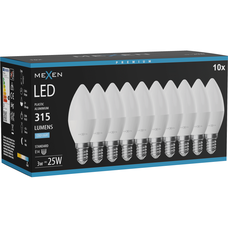 Mexen Nova 10x LED lemputė E14, C37, 3W, Šaltas - 6500K, 315 lm - L102-E14-0365-01x10