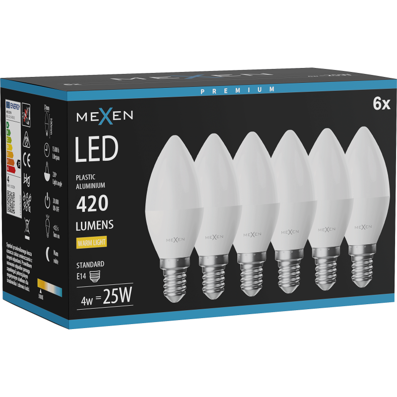 Mexen Nova 6x LED lemputė E14, C37, 4W, Šilta - 3000K, 420 lm - L102-E14-0430-01x06