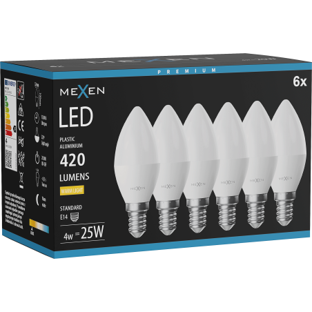 Mexen Nova 6x LED lemputė E14, C37, 4W, Šilta - 3000K, 420 lm - L102-E14-0430-01x06