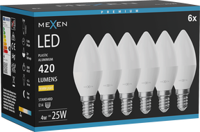 Mexen Nova 6x LED lemputė E14, C37, 4W, Šilta - 3000K, 420 lm - L102-E14-0430-01x06