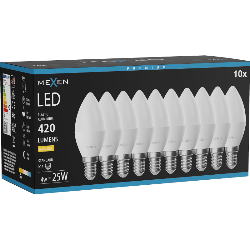 Mexen Nova 10x LED Lemputė E14, C37, 4W, Šilta - 3000K, 420 lm - L102-E14-0430-01x10