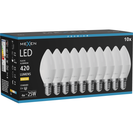 Mexen Nova 10x LED Lemputė E14, C37, 4W, Šilta - 3000K, 420 lm - L102-E14-0430-01x10