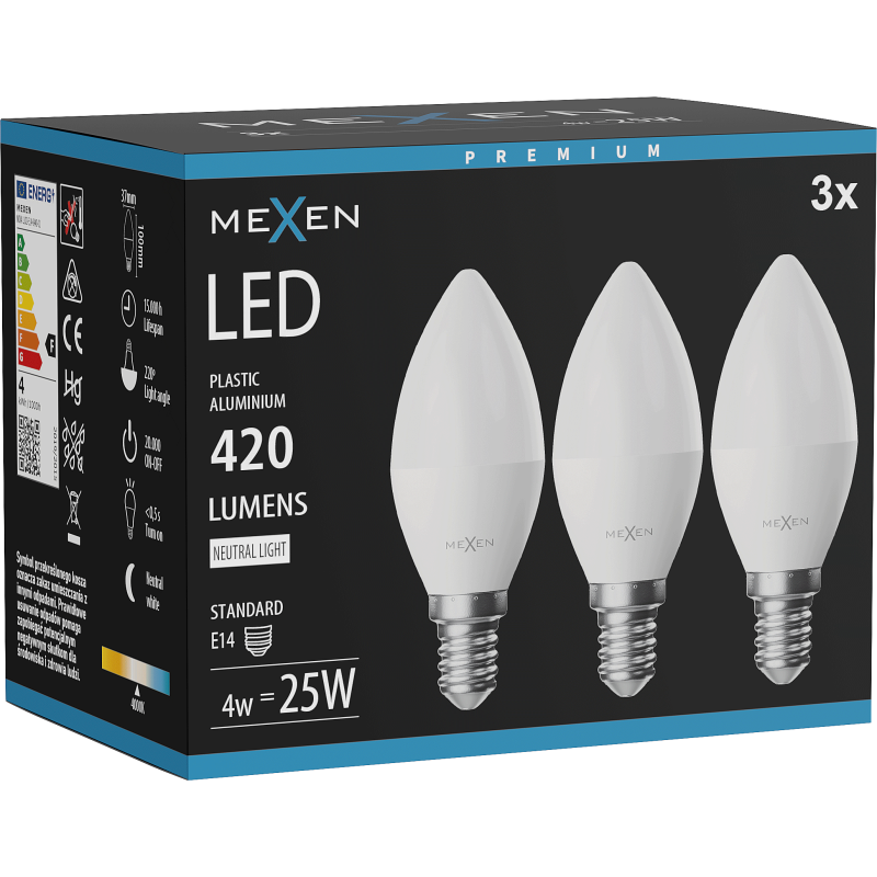 Mexen Nova 3x LED lemputė E14, C37, 4W, Neutralus - 4000K, 420 lm - L102-E14-0440-01x03