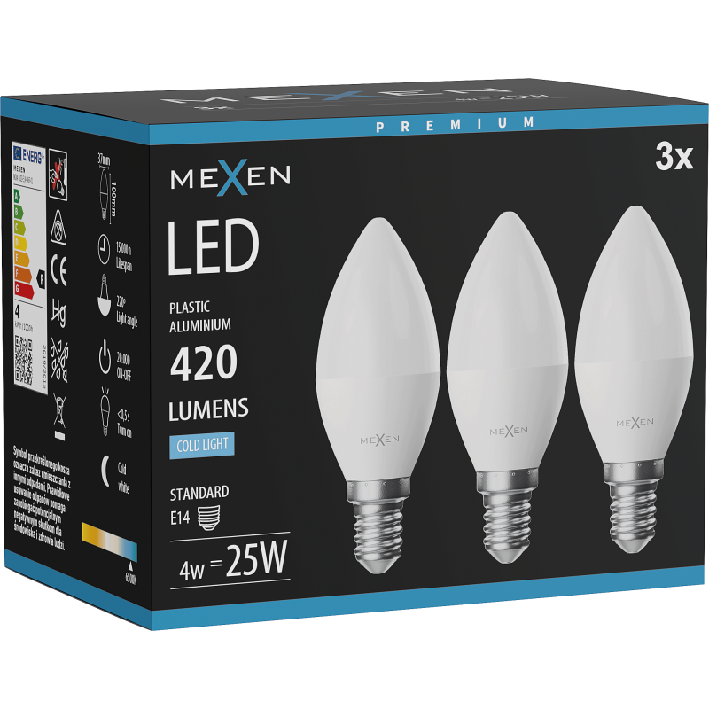 Mexen Nova 3x LED lemputė E14, C37, 4W, Šalta - 6500K, 420 lm - L102-E14-0465-01x03