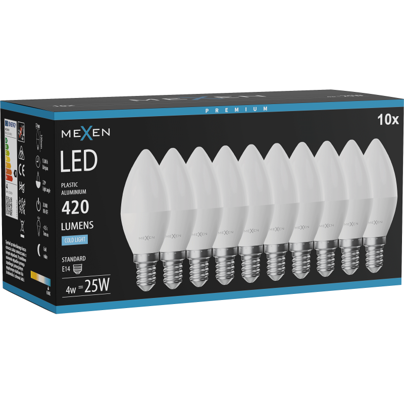 Mexen Nova 10x LED lemputė E14, C37, 4W, Šalta - 6500K, 420 lm - L102-E14-0465-01x10