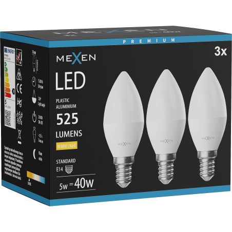 Mexen Nova 3x LED lemputė E14, C37, 5W, Šilta - 3000K, 525 lm - L102-E14-0530-01x03