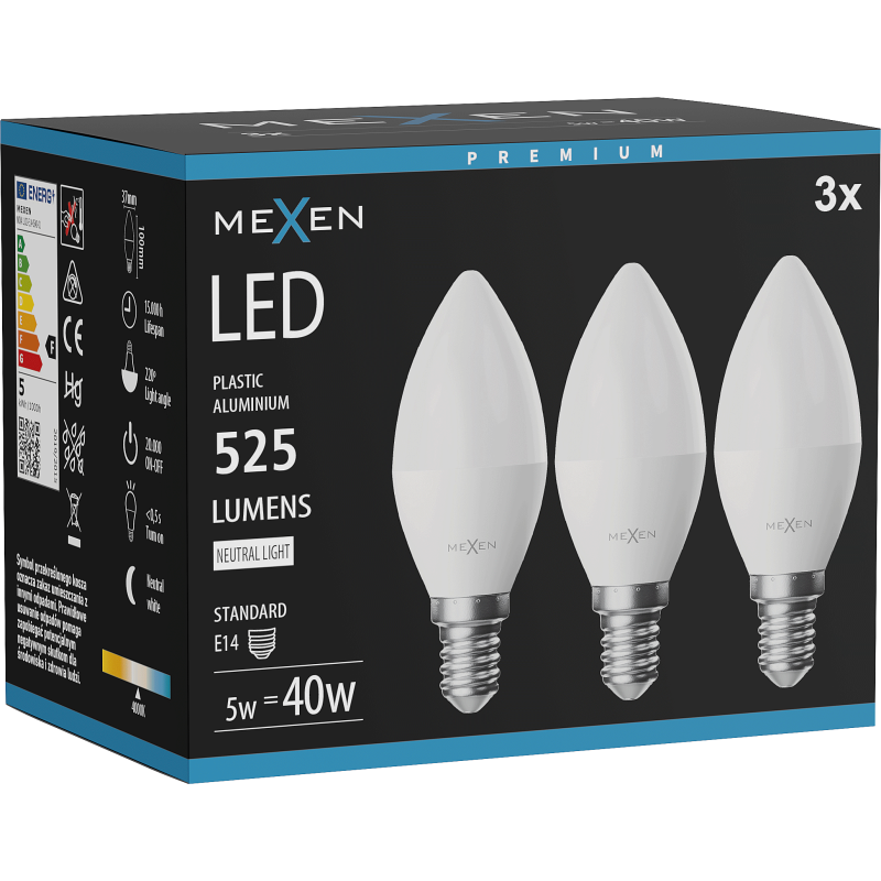 Mexen Nova 3x LED lemputė E14, C37, 5W, Neutralus - 4000K, 525 lm - L102-E14-0540-01x03