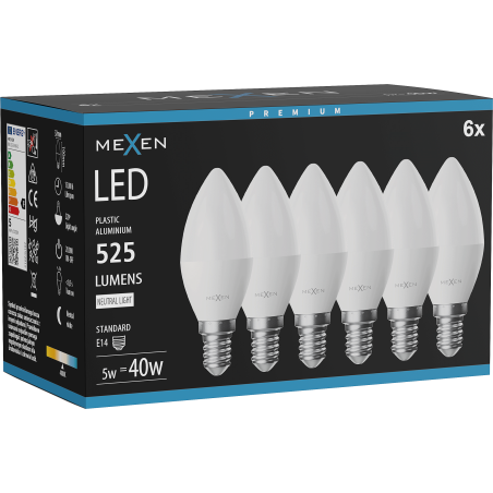 Mexen Nova 6x LED lemputė E14, C37, 5W, Neutralus - 4000K, 525 lm - L102-E14-0540-01x06