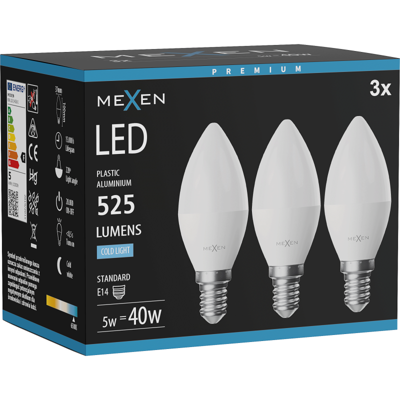 Mexen Nova 3x LED lemputė E14, C37, 5W, Šalta - 6500K, 525 lm - L102-E14-0565-01x03