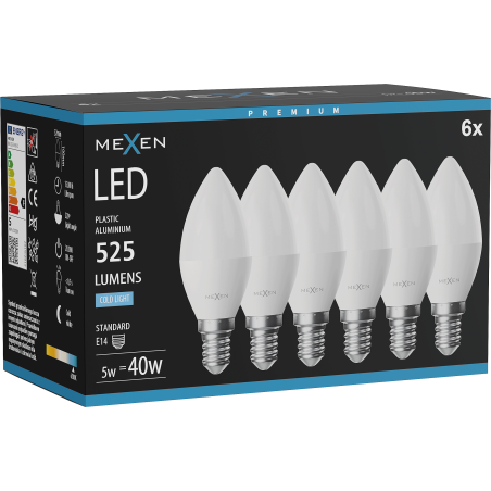 Mexen Nova 6x LED lemputė E14, C37, 5W, Šaltai balta - 6500K, 525 lm - L102-E14-0565-01x06