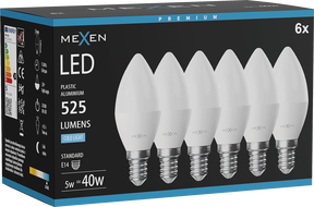 Mexen Nova 6x LED lemputė E14, C37, 5W, Šaltai balta - 6500K, 525 lm - L102-E14-0565-01x06