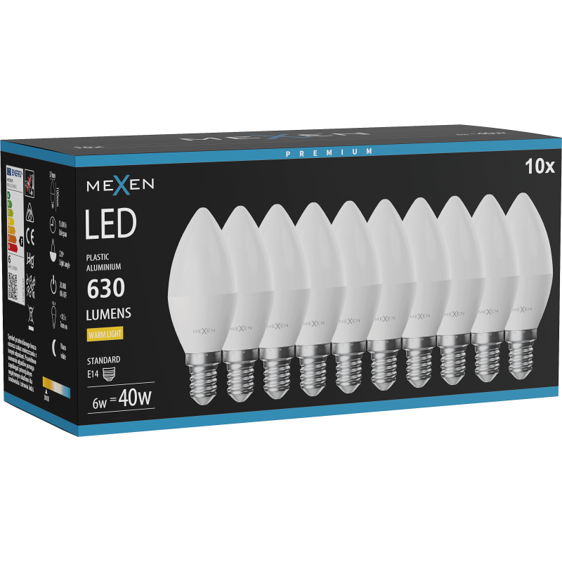 Mexen Nova 10x LED lemputė E14, C37, 6W, Šilta - 3000K, 630 lm - L102-E14-0630-01x10
