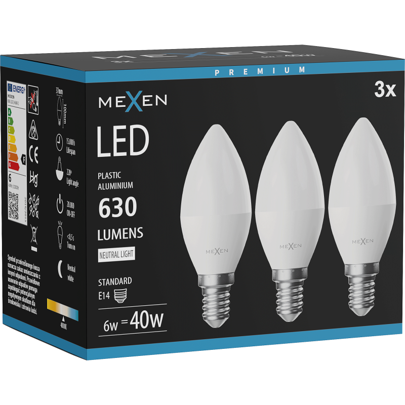 Mexen Nova 3x LED lemputė E14, C37, 6W, Neutrali - 4000K, 630 lm - L102-E14-0640-01x03