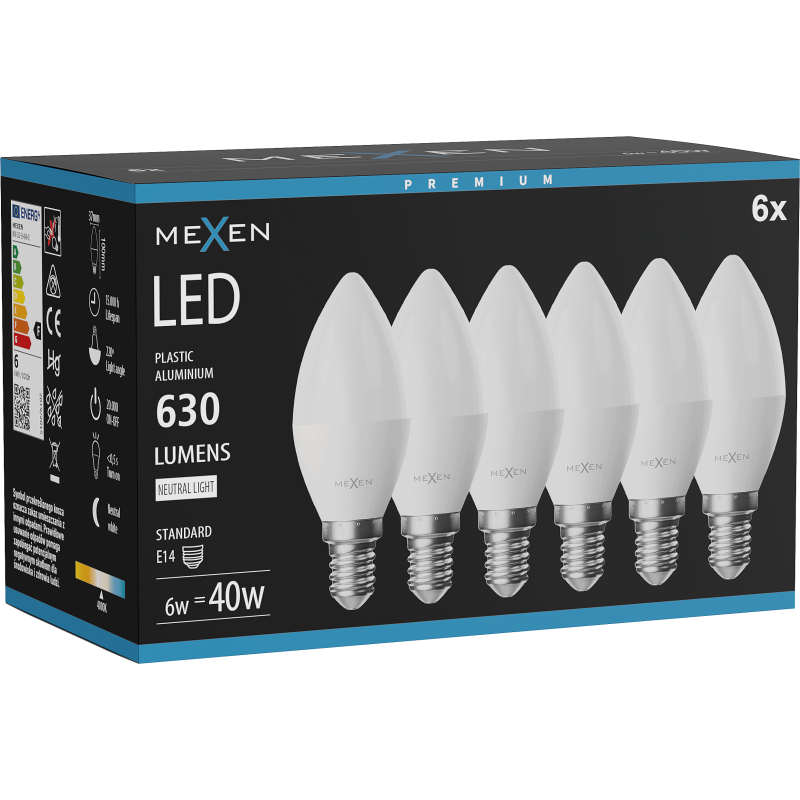 Mexen Nova 6x LED lemputė E14, C37, 6W, Neutrali - 4000K, 630 lm - L102-E14-0640-01x06