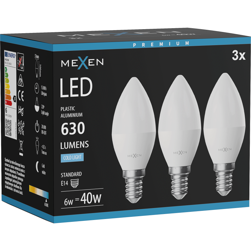 Mexen Nova 3x LED lemputė E14, C37, 6W, Šalta - 6500K, 630 lm - L102-E14-0665-01x03
