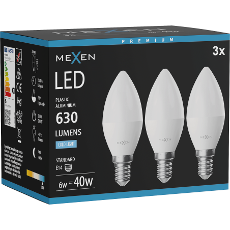 Mexen Nova 3x LED lemputė E14, C37, 6W, Šalta - 6500K, 630 lm - L102-E14-0665-01x03