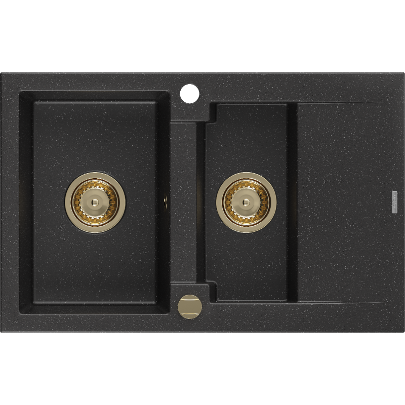 Mexen Gaspar 1,5-sekcijų granitinis plautuvas su nusausinimo paviršiumi 737 x 475 mm, juodas/sidabrinis metalikas, auksinis