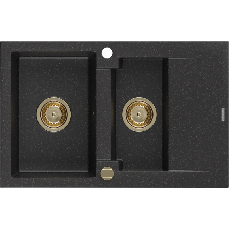 Mexen Gaspar 1,5-sekcijų granitinis plautuvas su nusausinimo paviršiumi 737 x 475 mm, juodas/sidabrinis metalikas, auksinis