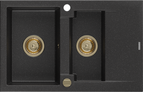 Mexen Gaspar 1,5-sekcijų granitinis plautuvas su nusausinimo paviršiumi 737 x 475 mm, juodas/sidabrinis metalikas, auksinis