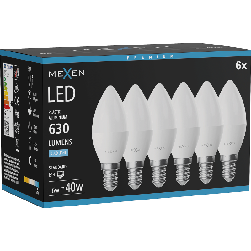 Mexen Nova 6x LED lemputė E14, C37, 6W, Šaltai balta - 6500K, 630 lm - L102-E14-0665-01x06