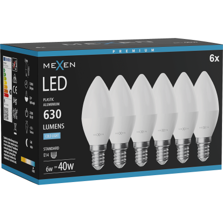 Mexen Nova 6x LED lemputė E14, C37, 6W, Šaltai balta - 6500K, 630 lm - L102-E14-0665-01x06