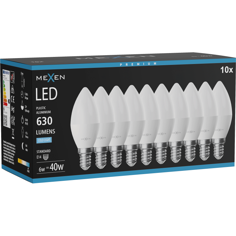 Mexen Nova 10x LED lemputė E14, C37, 6W, Šalta - 6500K, 630 lm - L102-E14-0665-01x10